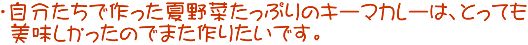 ・自分たちで作った夏野菜たっぷりのキーマカレーは、とっても  美味しかったのでまた作りたいです。