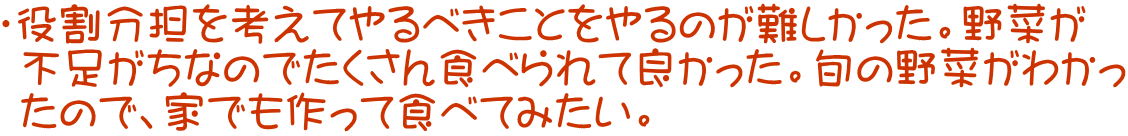 ・役割分担を考えてやるべきことをやるのが難しかった。野菜が  不足がちなのでたくさん食べられて良かった。旬の野菜がわかっ  たので、家でも作って食べてみたい。